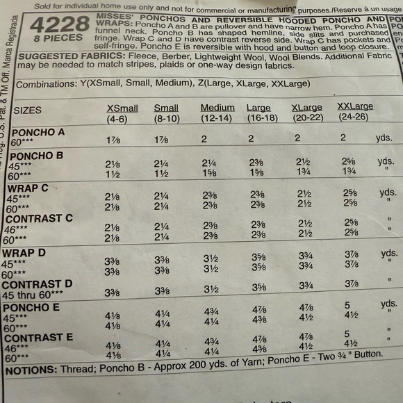 Women's Patterned Poncho easy McCalls 4228 pattern Size y (Xsm, sm med) - Picture 6 of 6